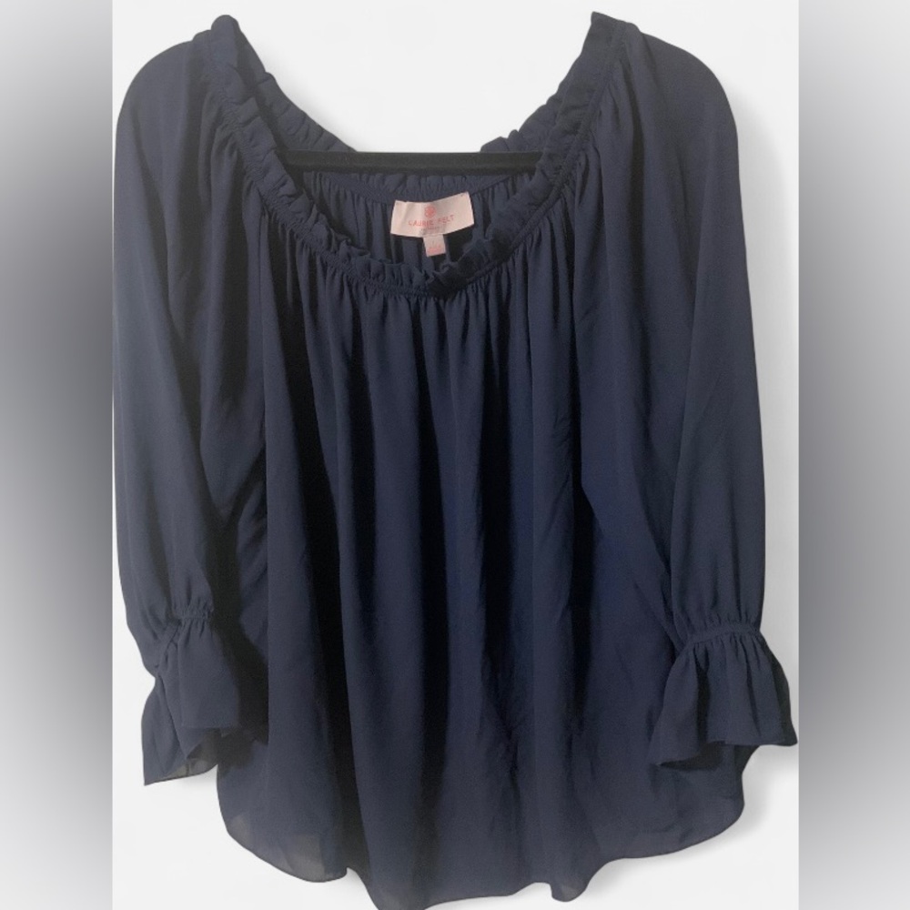 Laurie Felt Midnight Blue Ruffle Off Shoulder Blouse